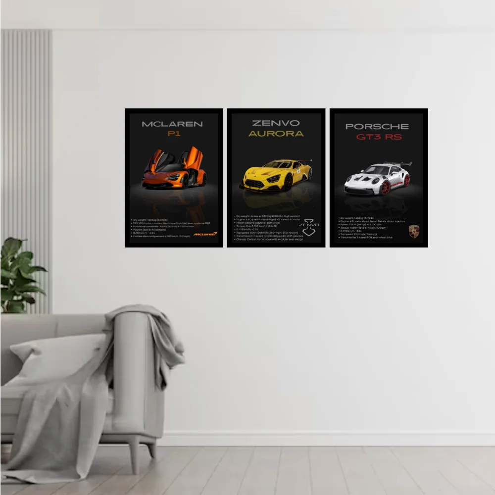 Djane Studio Luxury Cars Wall Frame Set | Premium Wall Art for Living Room, Bedroom, Office & Gaming Room | Pack of 3 | Size 15x10 Inch